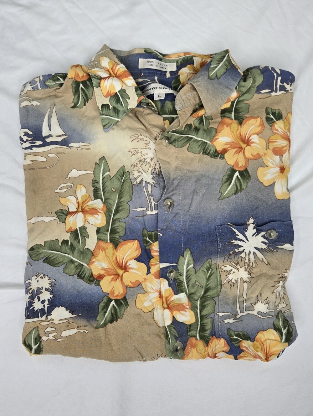 Vintage Pierre Cardin Hawaiian Shirt Men's Large 100% Rayon Made in Korea Floral